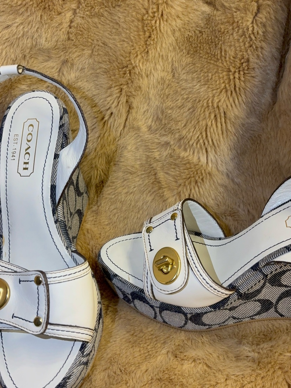 Y2K Coach platform wedge sandals navy blue and white